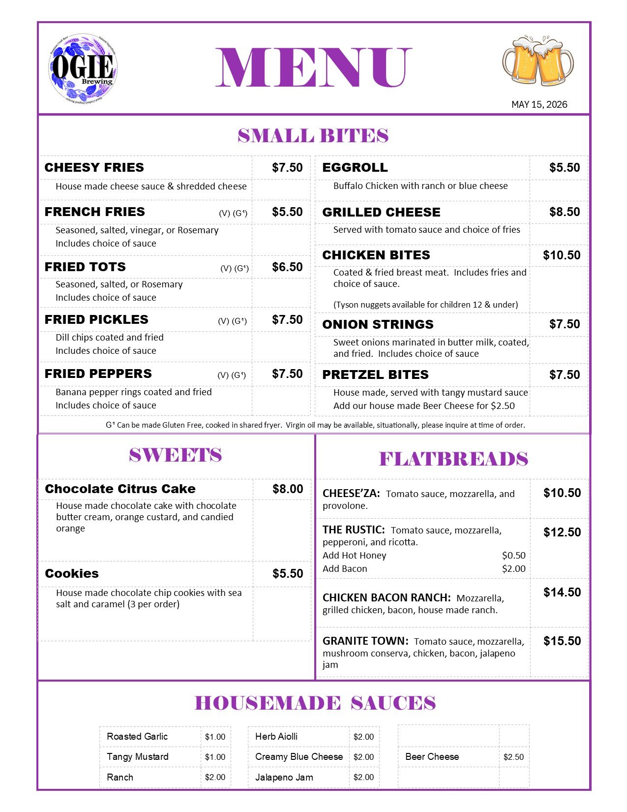 OGIE Kitchen Menu Page 1