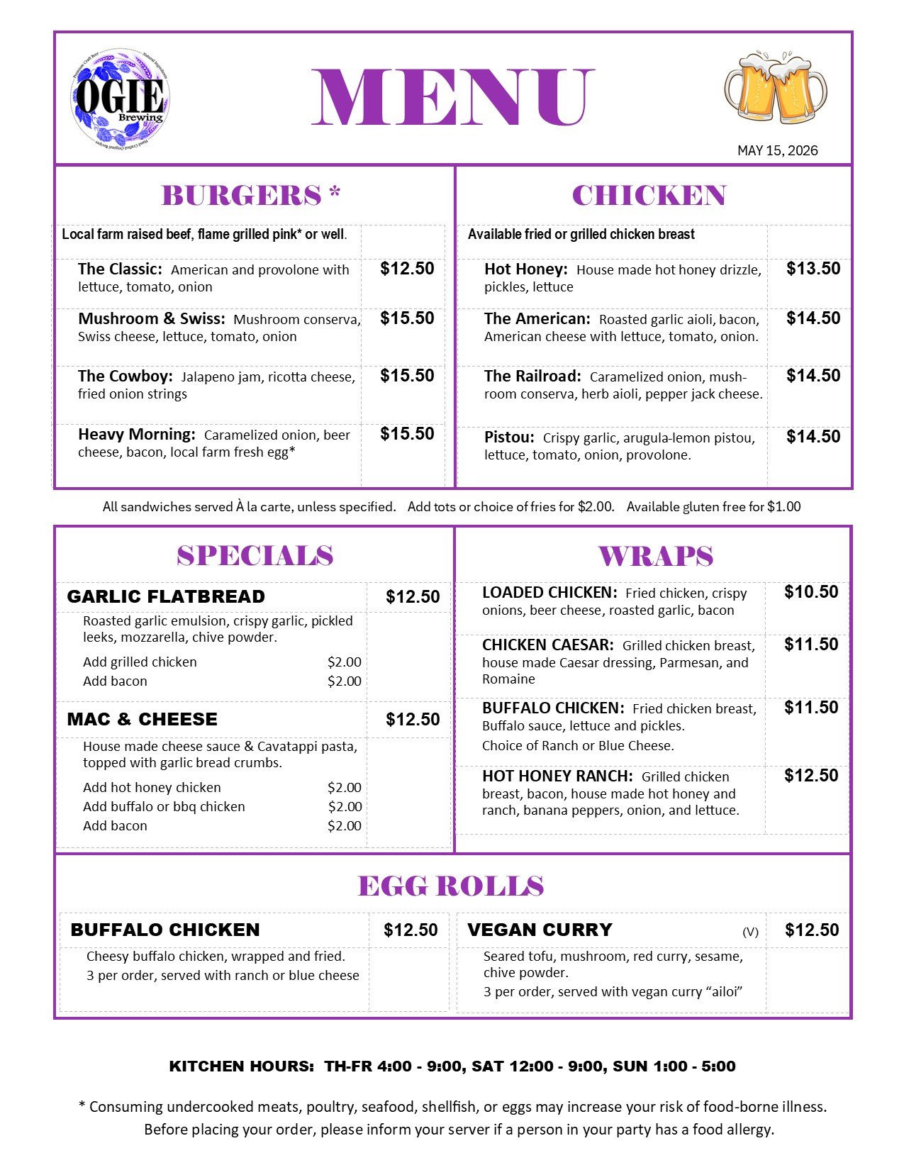 OGIE Kitchen Menu Page 2