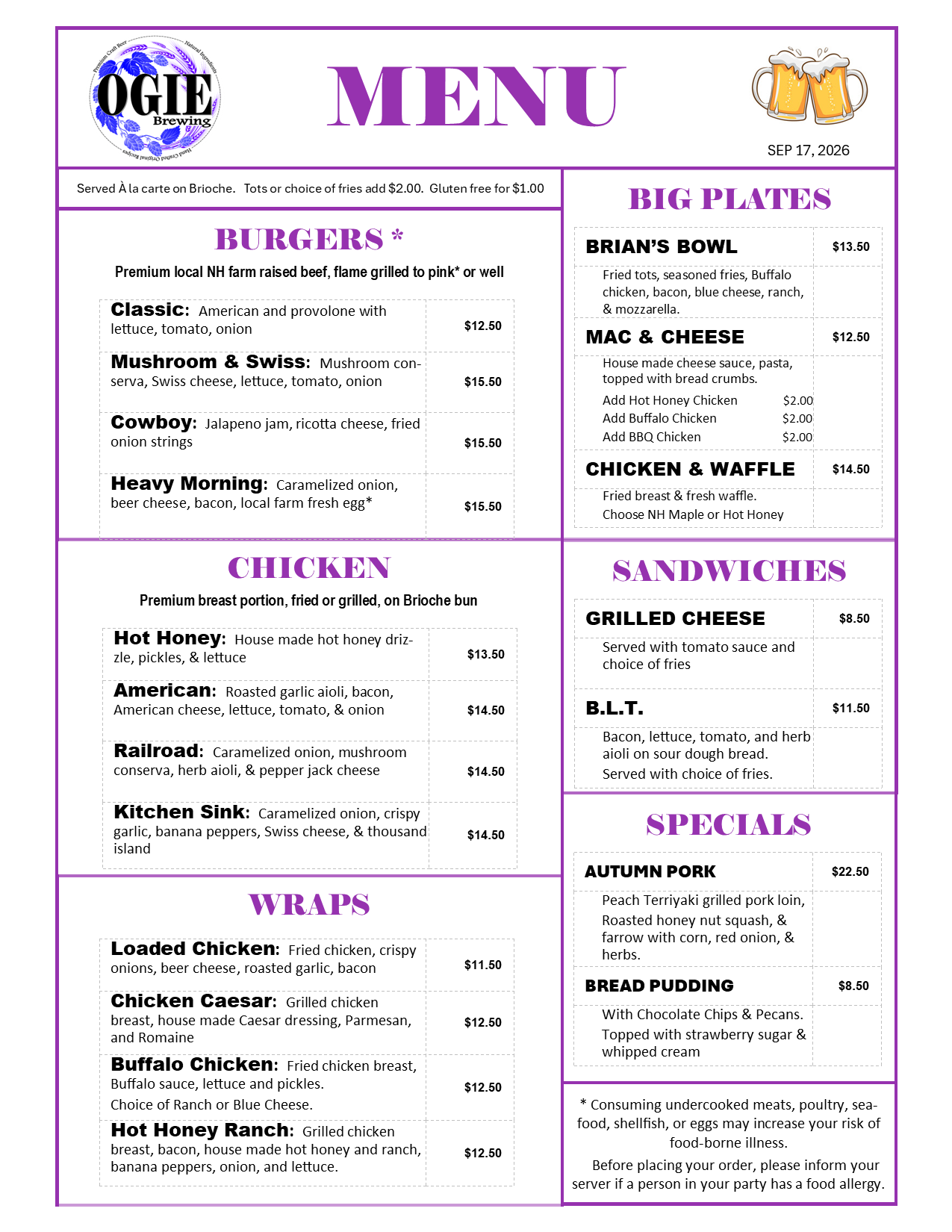 OGIE Kitchen Menu Page 2